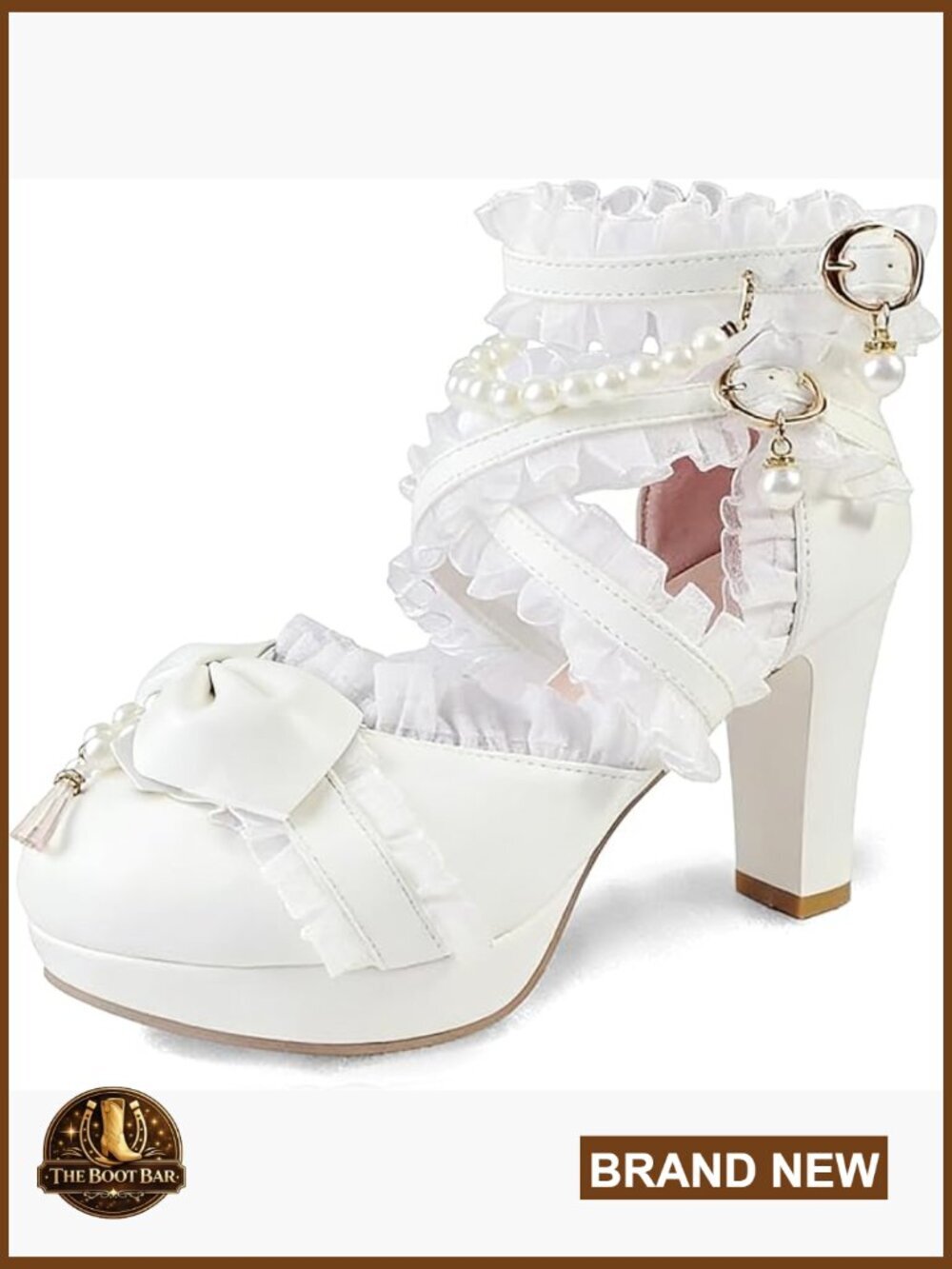 Mary Jane Platform Heels with Bow Pearl Ankle Strap Pumps